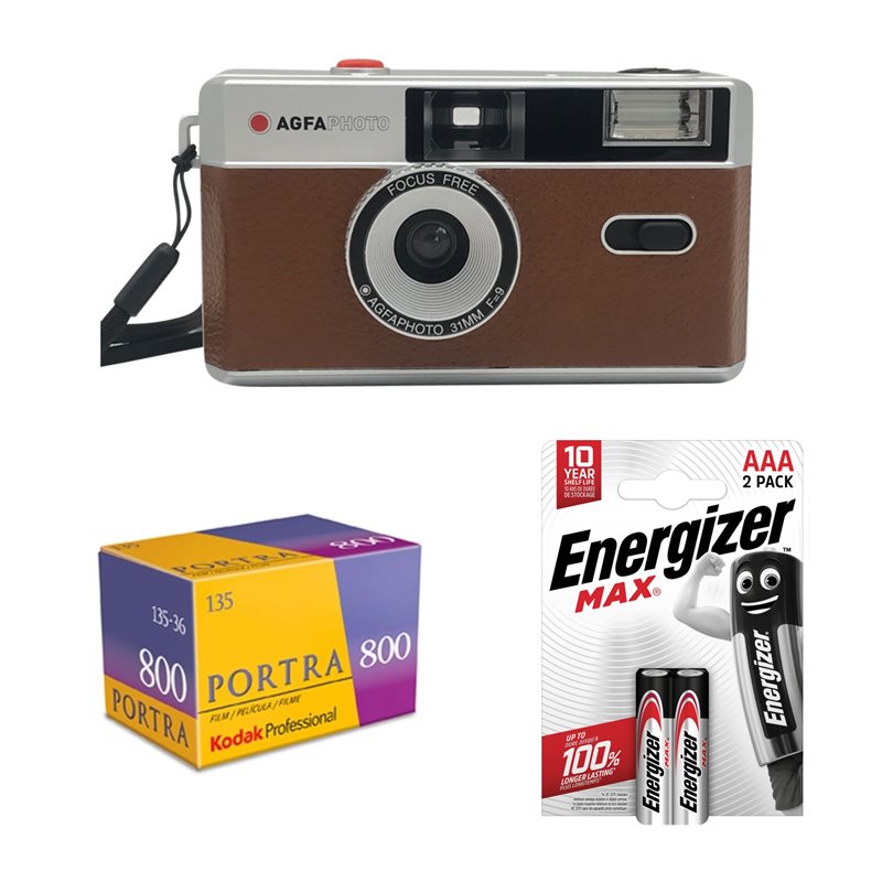Agfaphoto Analog Kamera 35mm Brun + Portra 800 + 2st AAA batterier