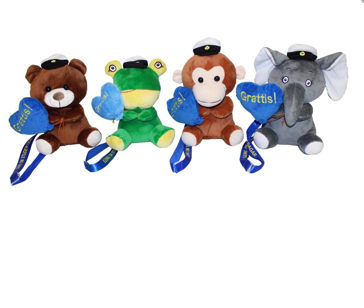 Studentdjur 20cm Nalle, Groda, Elefant, Apa