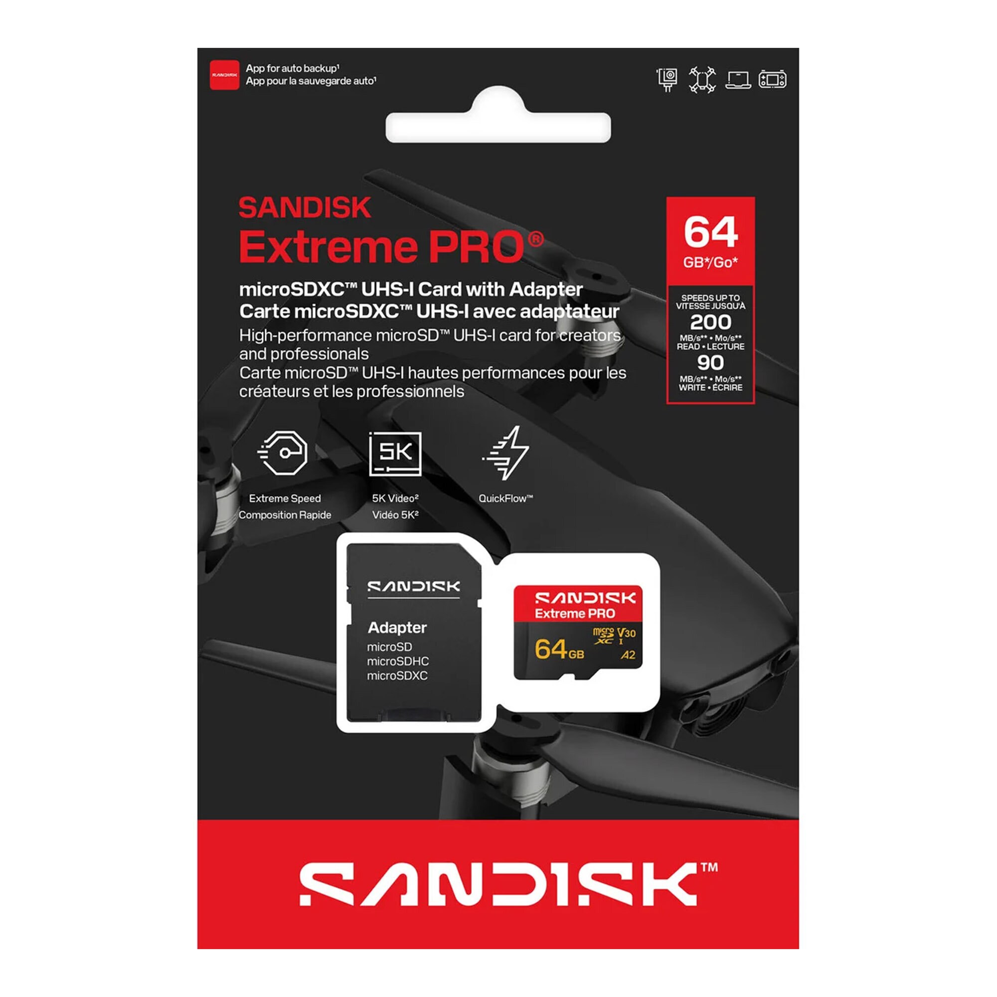 MicroSDXC Extreme Pro 64Gb 200/90Mb/s C10 UHS U3 V30 A1 Adapter