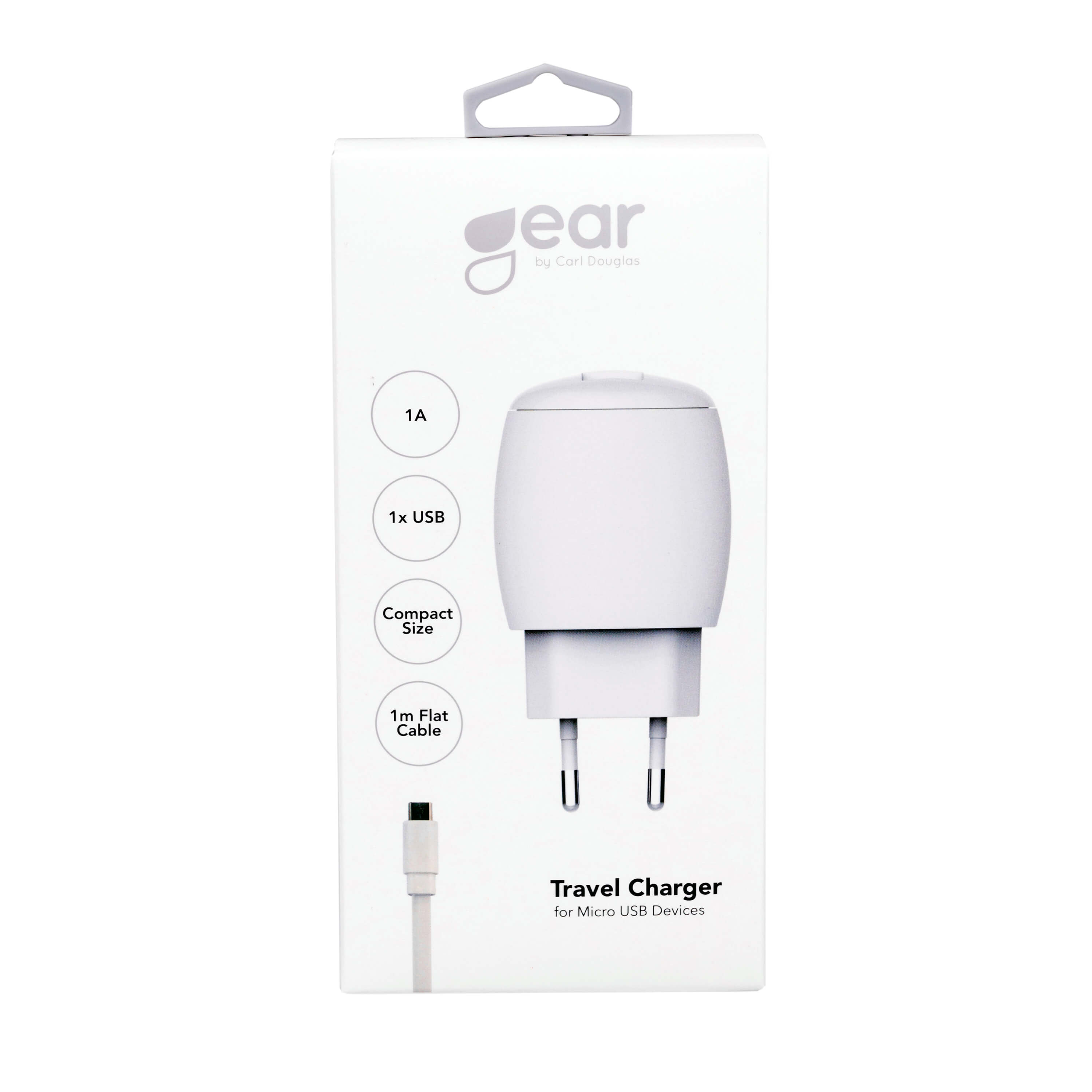 Gear Laddare 220V 1xUSB 1A Vit MicroUSB Kabel platt 1m