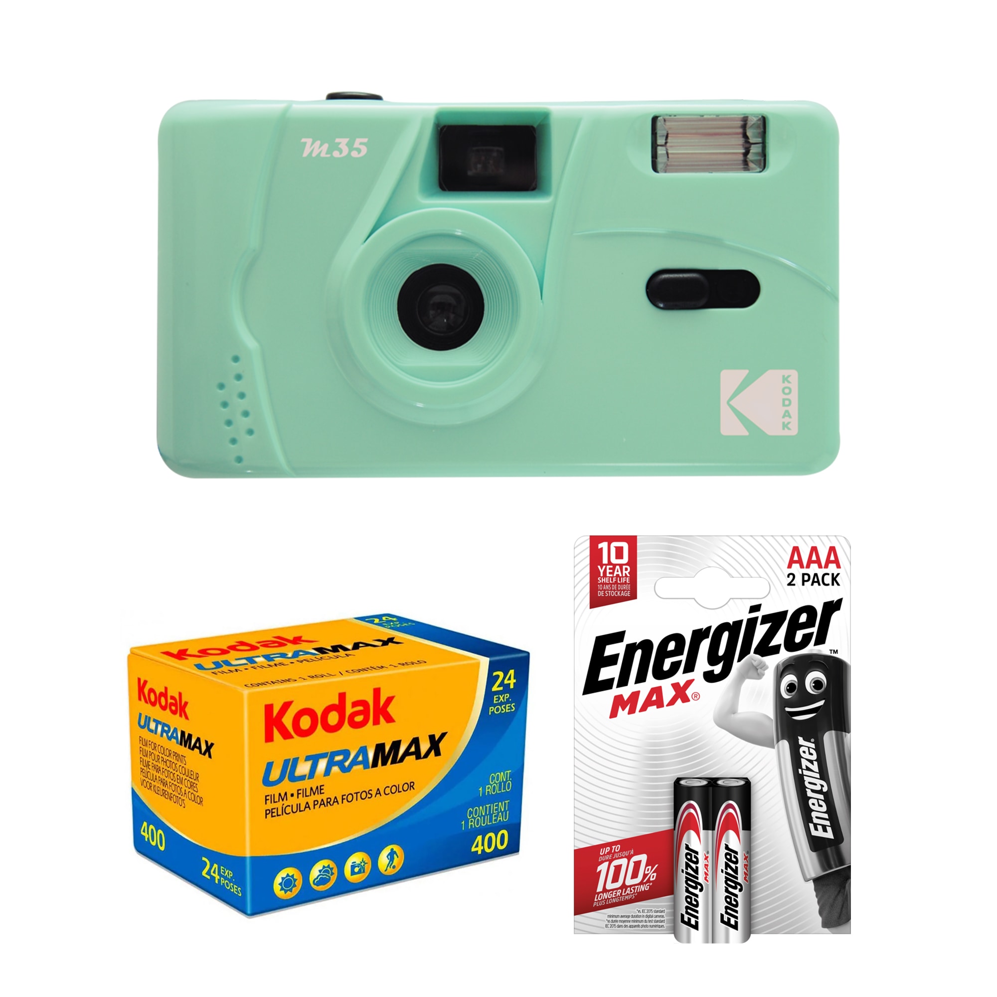 Tetenal Kodak M35 Reusable Camera Mint Green + UltraMax 400 + 2st AAA batterier