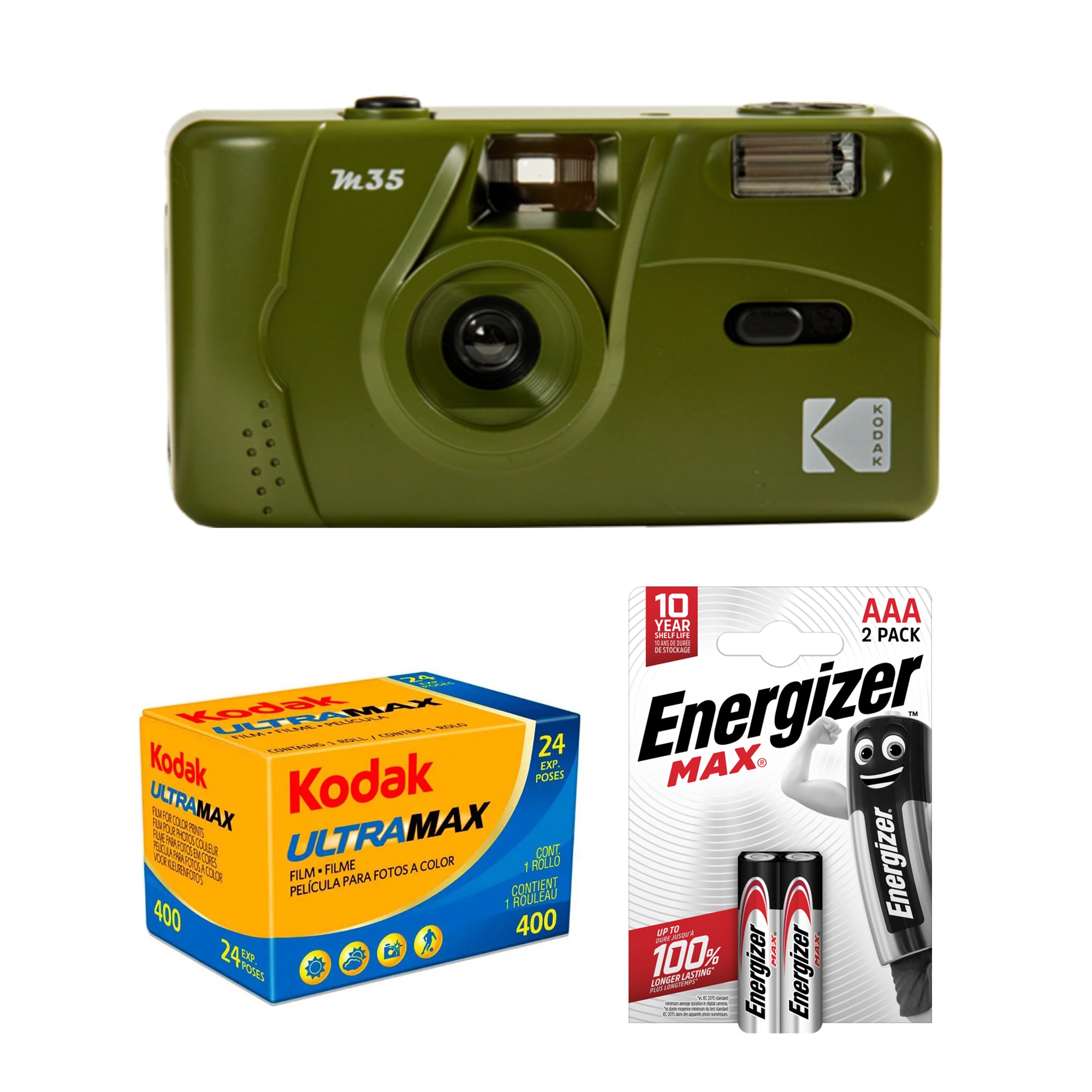 Tetenal Kodak M35 Reusable Camera Olive Green + UltraMax 400 + 2st AAA batterier