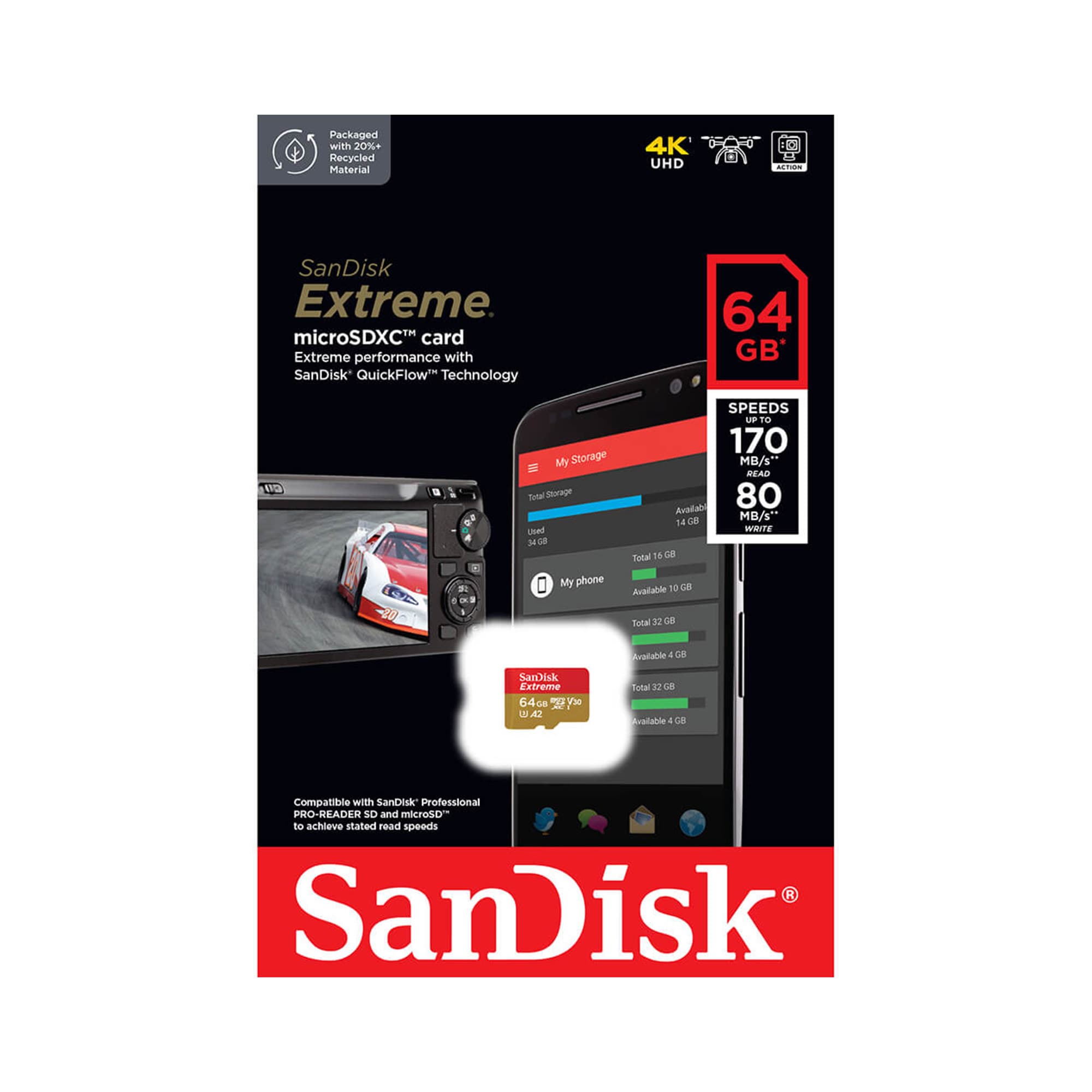 SanDisk MicroSDXC Extreme 64GB 170MB/s A2 C10 V30 UHS-I U3
