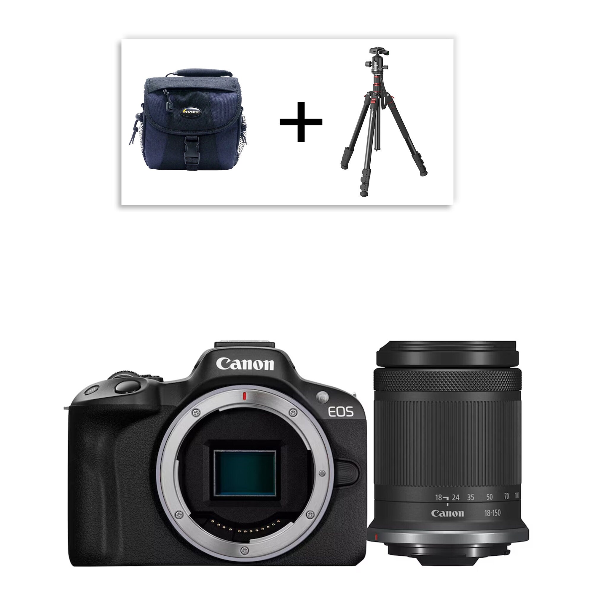 Canon EOS R50 Svart + RF-S 18-150 mm f/3.5-6.3 IS STM + Stativ & Väska