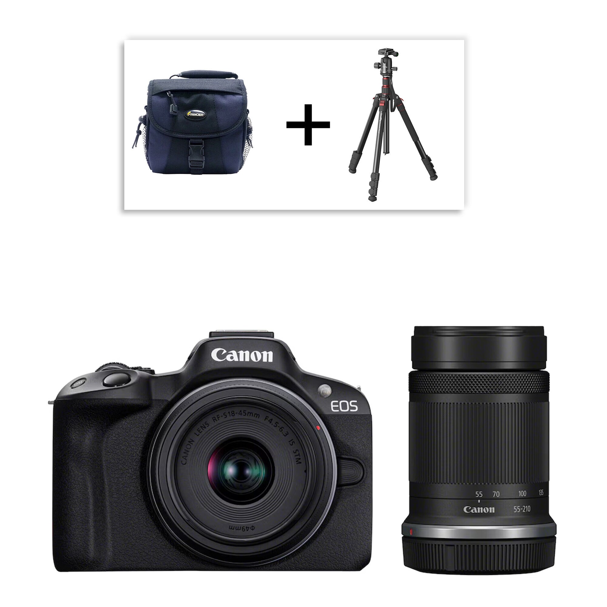 Canon EOS R50 Svart + RF-S 18-45 mm f/4,5-6,3 IS STM + RF-S 55-210 mm f/5-7,1 IS STM + Stativ & Väska