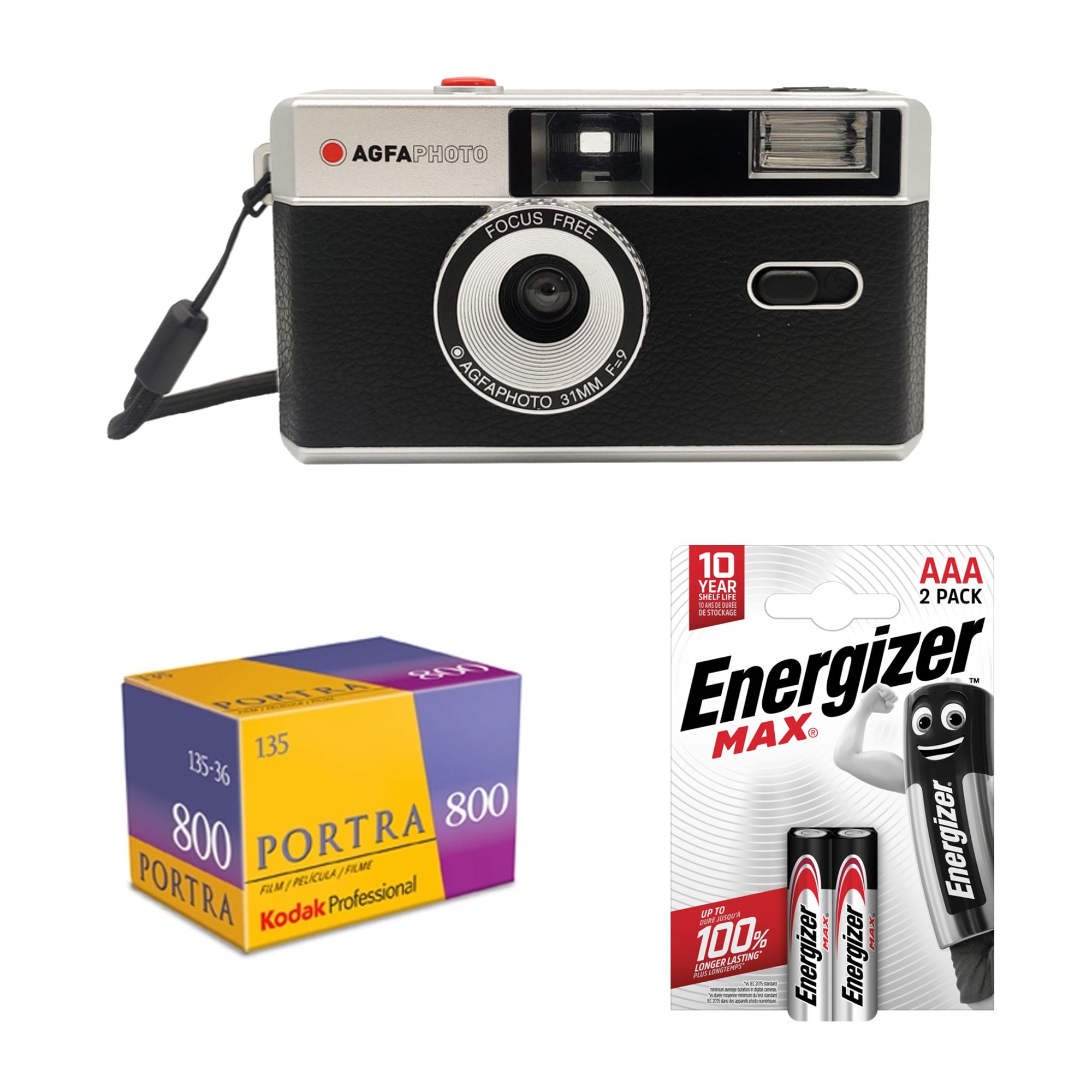 Agfaphoto Analog Kamera 35mm Svart + Portra 800 + 2st AAA batterier
